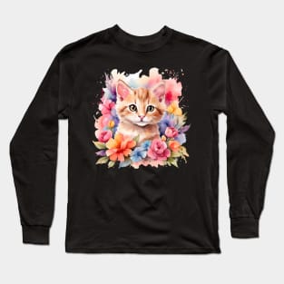 A cat decorated with beautiful watercolor flowers. Long Sleeve T-Shirt